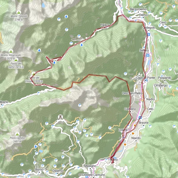 Miniatua del mapa de inspiración ciclista "Ruta de Grava de Breno a Colle Montepiano y Fondi" en Lombardia, Italy. Generado por Tarmacs.app planificador de rutas ciclistas