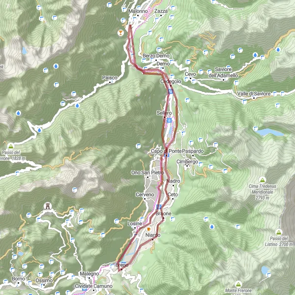 Miniaturní mapa "Gravelová trasa skrz krajinu kolem Brena" inspirace pro cyklisty v oblasti Lombardia, Italy. Vytvořeno pomocí plánovače tras Tarmacs.app