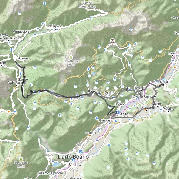 Miniatua del mapa de inspiración ciclista "Ruta en Carretera de Breno a Bienno y Azzone" en Lombardia, Italy. Generado por Tarmacs.app planificador de rutas ciclistas