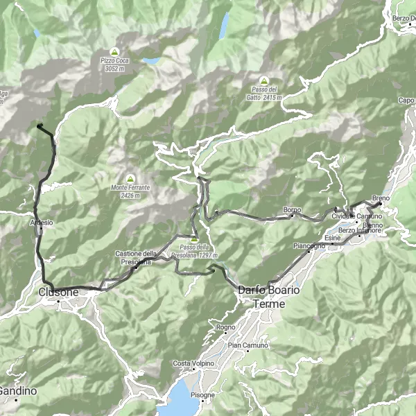 Miniature de la carte de l'inspiration cycliste "Cividate Camuno - Gromo - Monte San Leonardo Road Loop" dans la Lombardia, Italy. Générée par le planificateur d'itinéraire cycliste Tarmacs.app