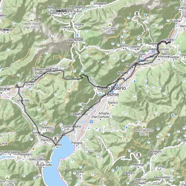 Miniature de la carte de l'inspiration cycliste "Breno - Darfo Boario Terme - Colle Montepiano Road Circuit" dans la Lombardia, Italy. Générée par le planificateur d'itinéraire cycliste Tarmacs.app