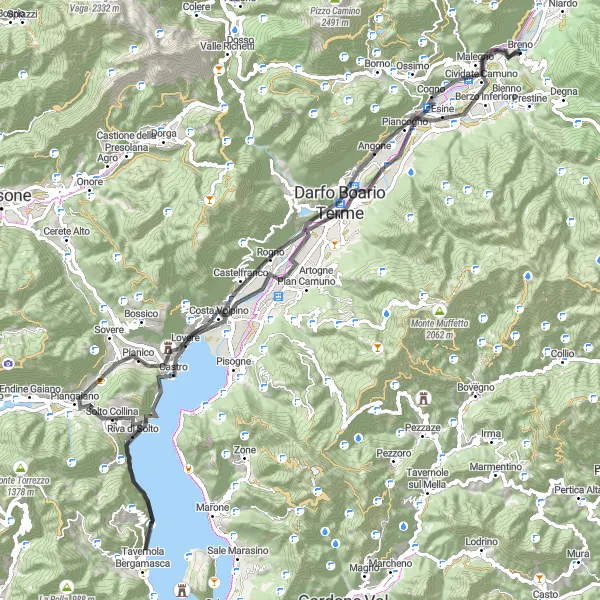 Miniatua del mapa de inspiración ciclista "Ruta de ciclismo de 92 km cerca de Breno" en Lombardia, Italy. Generado por Tarmacs.app planificador de rutas ciclistas