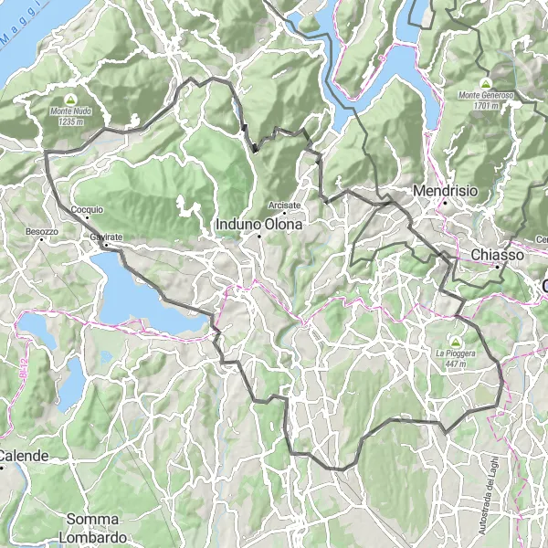 Miniatua del mapa de inspiración ciclista "Desafío de 104km en carretera desde Brenta" en Lombardia, Italy. Generado por Tarmacs.app planificador de rutas ciclistas