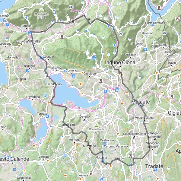 Kartminiatyr av "Rundtur til Brenta via Lake Varese" sykkelinspirasjon i Lombardia, Italy. Generert av Tarmacs.app sykkelrutoplanlegger
