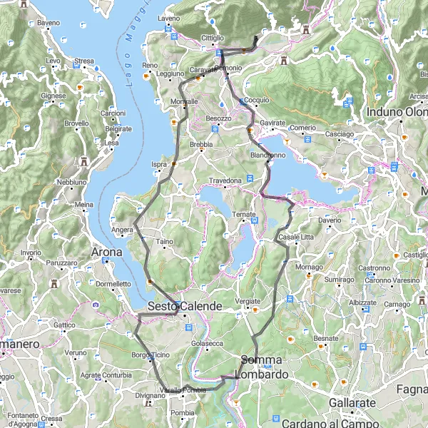 Miniatura della mappa di ispirazione al ciclismo "Tour in bicicletta intorno al Lago di Varese" nella regione di Lombardia, Italy. Generata da Tarmacs.app, pianificatore di rotte ciclistiche