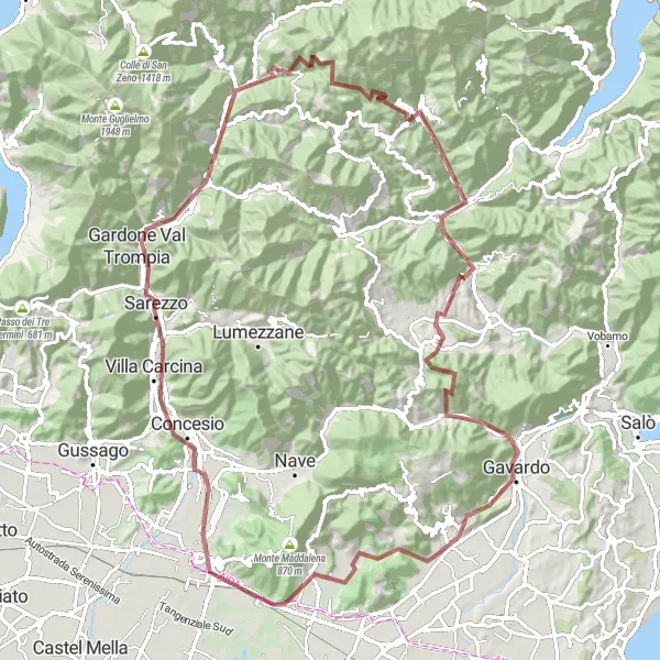 Miniaturekort af cykelinspirationen "Gruscykelrute til Monte Rotondo og Passo delle Piazze" i Lombardia, Italy. Genereret af Tarmacs.app cykelruteplanlægger