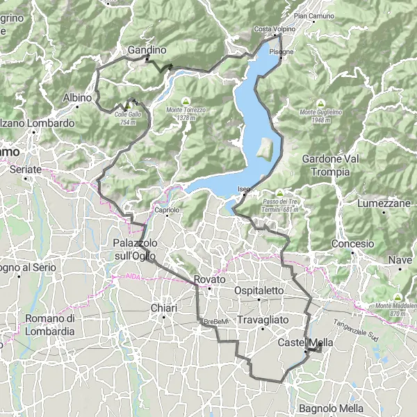 Mapa miniatúra "Epic Road Cycling Adventure near Brescia" cyklistická inšpirácia v Lombardia, Italy. Vygenerované cyklistickým plánovačom trás Tarmacs.app