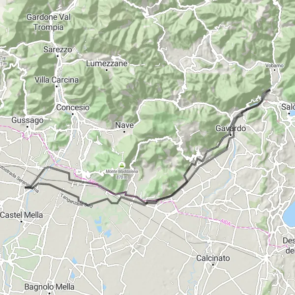 Zemljevid v pomanjšavi "Kolesarska pot okoli Brescie" kolesarske inspiracije v Lombardia, Italy. Generirano z načrtovalcem kolesarskih poti Tarmacs.app