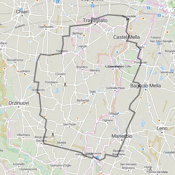 Miniatua del mapa de inspiración ciclista "Ruta en Carretera por Bassano Bresciano y Travagliato" en Lombardia, Italy. Generado por Tarmacs.app planificador de rutas ciclistas