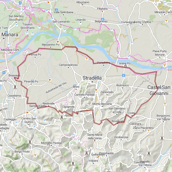 Miniatua del mapa de inspiración ciclista "Ruta de Verrua Po a Castello di Argine" en Lombardia, Italy. Generado por Tarmacs.app planificador de rutas ciclistas