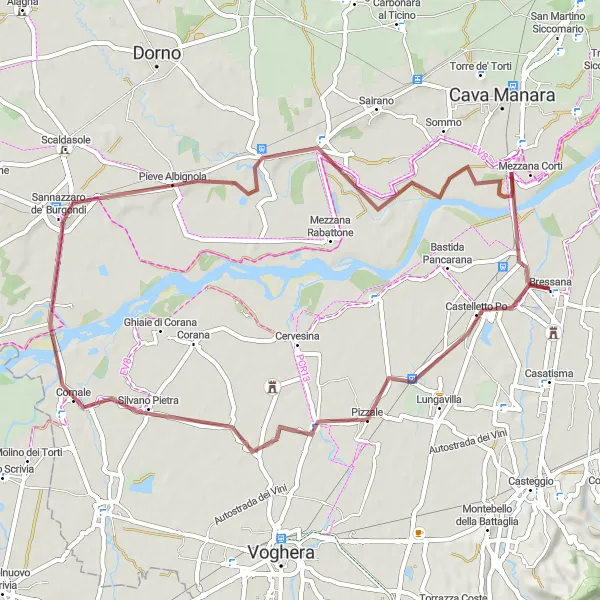 Mapa miniatúra "Gravelová cyklistická trasa okolo Bressany" cyklistická inšpirácia v Lombardia, Italy. Vygenerované cyklistickým plánovačom trás Tarmacs.app