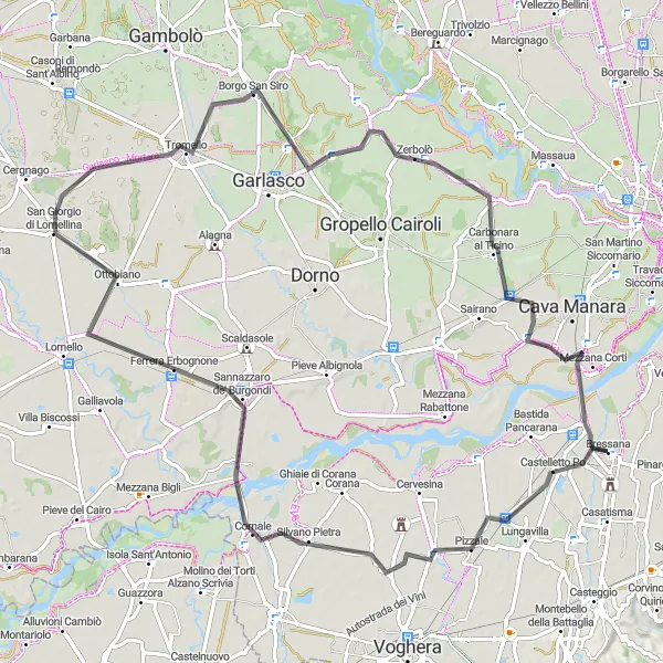 Miniatura della mappa di ispirazione al ciclismo "Cicloturismo tra Pizzale e Zerbolò" nella regione di Lombardia, Italy. Generata da Tarmacs.app, pianificatore di rotte ciclistiche