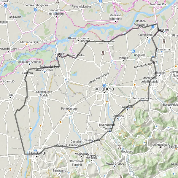 Miniatura della mappa di ispirazione al ciclismo "Pedalata tra Colle Pistornile e Cervesina" nella regione di Lombardia, Italy. Generata da Tarmacs.app, pianificatore di rotte ciclistiche