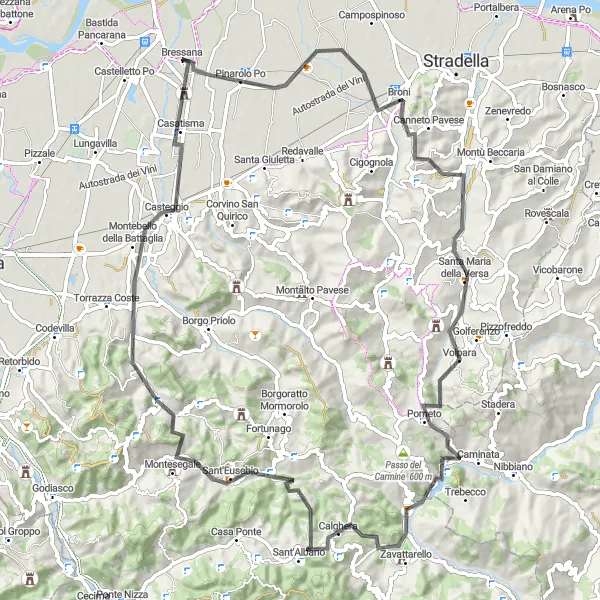 Karttaminiaatyyri "Haastava maantiereitti Lombardian kukkuloilla" pyöräilyinspiraatiosta alueella Lombardia, Italy. Luotu Tarmacs.app pyöräilyreittisuunnittelijalla