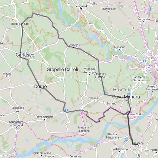 Mapa miniatúra "Kultúrna cyklotúra Bressana" cyklistická inšpirácia v Lombardia, Italy. Vygenerované cyklistickým plánovačom trás Tarmacs.app