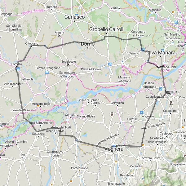 Karten-Miniaturansicht der Radinspiration "Lungavilla - Mezzana Corti Fahrradstrecke" in Lombardia, Italy. Erstellt vom Tarmacs.app-Routenplaner für Radtouren