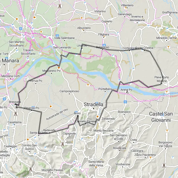 Karten-Miniaturansicht der Radinspiration "Canneto Pavese bis Pinarolo Po Fahrradrunde" in Lombardia, Italy. Erstellt vom Tarmacs.app-Routenplaner für Radtouren