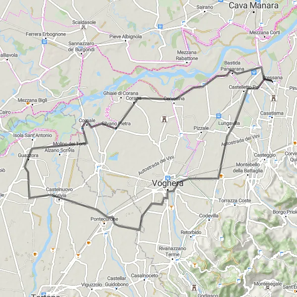Miniatua del mapa de inspiración ciclista "Ruta de ciclismo en carretera desde Bressana" en Lombardia, Italy. Generado por Tarmacs.app planificador de rutas ciclistas