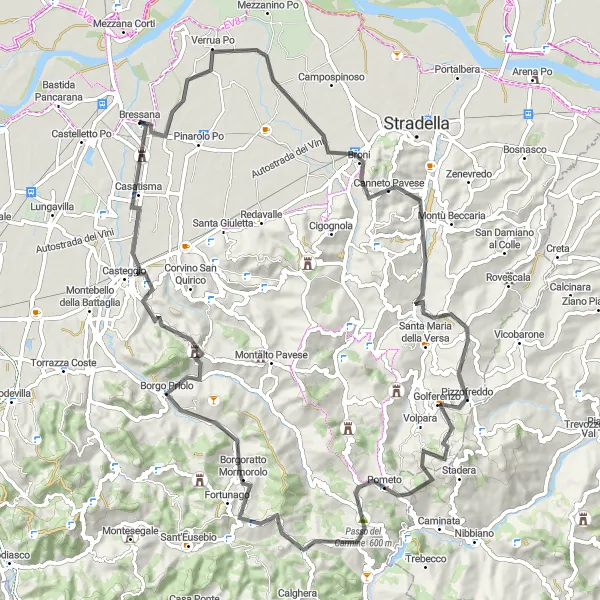 Karttaminiaatyyri "Haastava vuorireitti Borgoratto Mormoroloon" pyöräilyinspiraatiosta alueella Lombardia, Italy. Luotu Tarmacs.app pyöräilyreittisuunnittelijalla