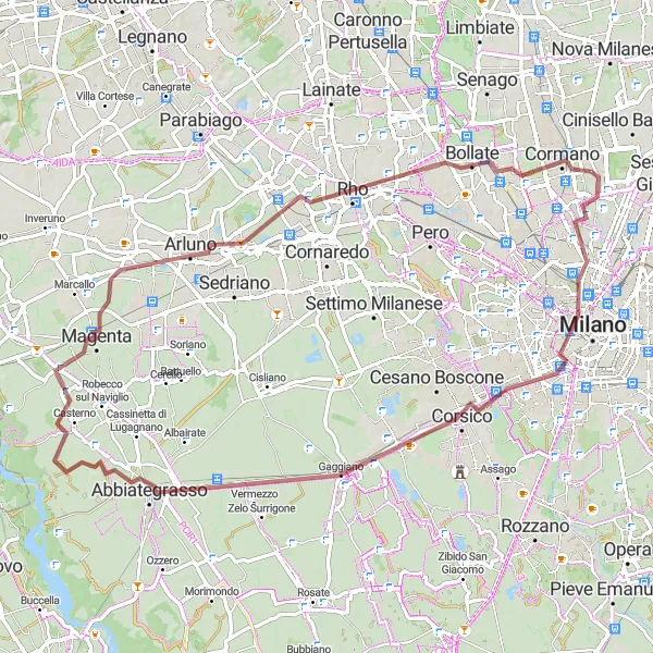 Miniature de la carte de l'inspiration cycliste "Tour en Gravel près de Magenta" dans la Lombardia, Italy. Générée par le planificateur d'itinéraire cycliste Tarmacs.app