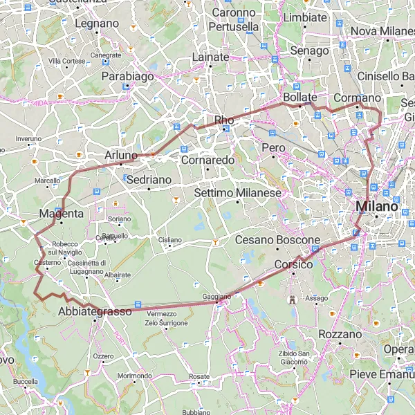 Miniatuurkaart van de fietsinspiratie "Gravelroute naar Magekaart" in Lombardia, Italy. Gemaakt door de Tarmacs.app fietsrouteplanner