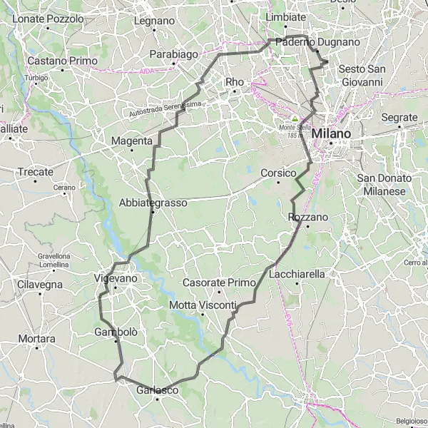 Miniatura della mappa di ispirazione al ciclismo "Giro in bicicletta da Bresso a Cusano Milanino e ritorno" nella regione di Lombardia, Italy. Generata da Tarmacs.app, pianificatore di rotte ciclistiche