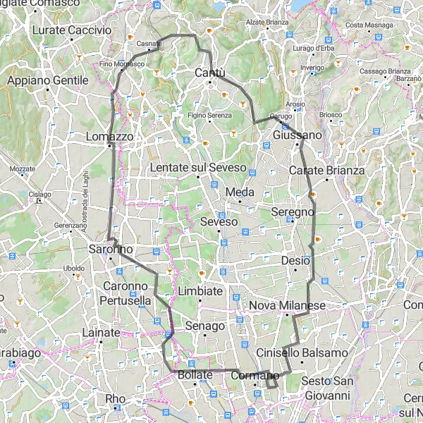 Miniatura della mappa di ispirazione al ciclismo "Tra monti e laghi" nella regione di Lombardia, Italy. Generata da Tarmacs.app, pianificatore di rotte ciclistiche