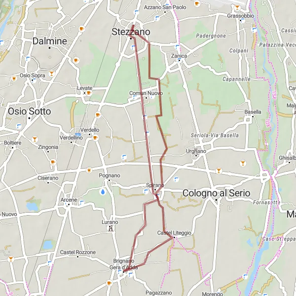 Miniatura mapy "Krótka Trasa Gravelowa z Brignano Gera d'Adda do Castel Liteggio" - trasy rowerowej w Lombardia, Italy. Wygenerowane przez planer tras rowerowych Tarmacs.app