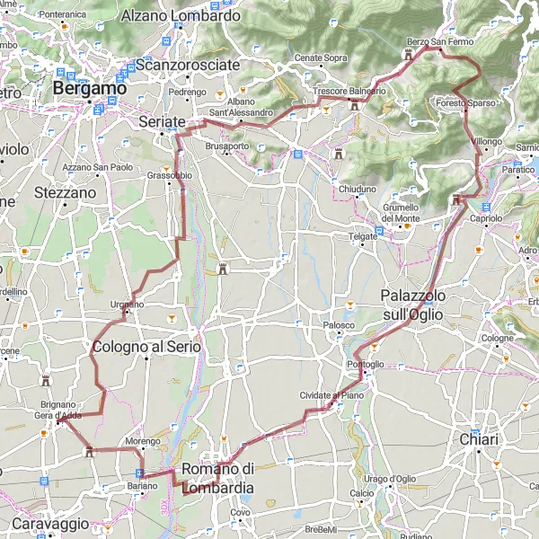 Zemljevid v pomanjšavi "Gravel kolesarska avantura v okolici Brignana Gera d'Adde" kolesarske inspiracije v Lombardia, Italy. Generirano z načrtovalcem kolesarskih poti Tarmacs.app