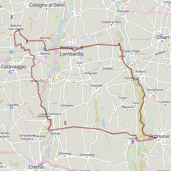Map miniature of "Pagazzano and Mozzanica Gravel Exploration" cycling inspiration in Lombardia, Italy. Generated by Tarmacs.app cycling route planner