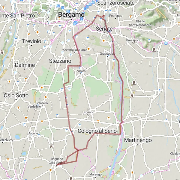 Miniatura della mappa di ispirazione al ciclismo "Tour in Gravel tra Comun Nuovo e Cologno al Serio" nella regione di Lombardia, Italy. Generata da Tarmacs.app, pianificatore di rotte ciclistiche