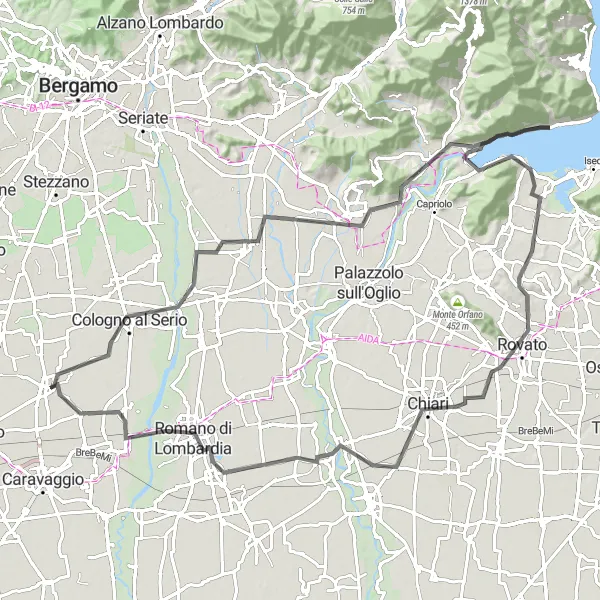 Map miniature of "Road Through the Countryside" cycling inspiration in Lombardia, Italy. Generated by Tarmacs.app cycling route planner