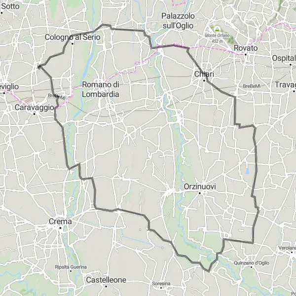 Kartminiatyr av "Långa vägar runt Brignano Gera d'Adda" cykelinspiration i Lombardia, Italy. Genererad av Tarmacs.app cykelruttplanerare