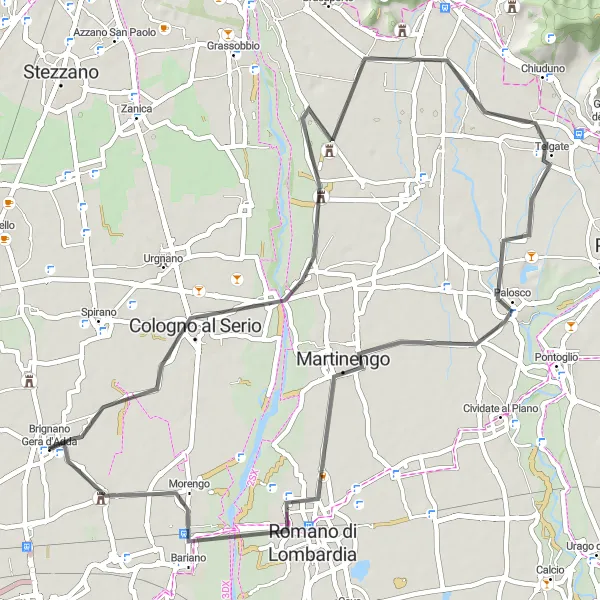 Kartminiatyr av "Martinengo och Telgate Road Loop" cykelinspiration i Lombardia, Italy. Genererad av Tarmacs.app cykelruttplanerare