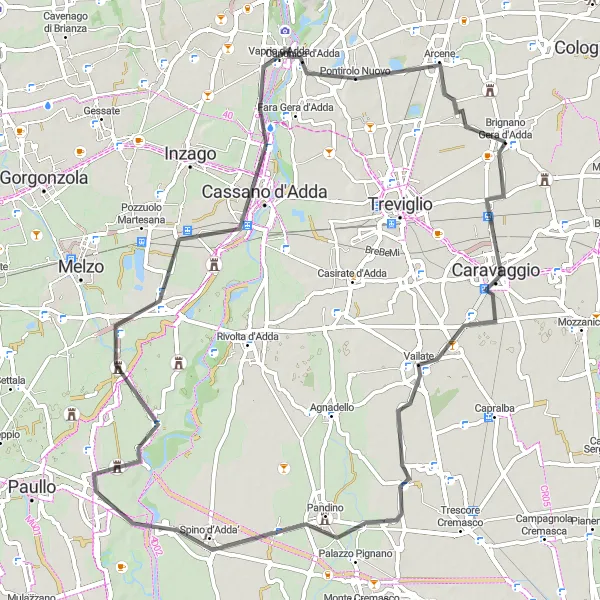 Zemljevid v pomanjšavi "Road Route 1" kolesarske inspiracije v Lombardia, Italy. Generirano z načrtovalcem kolesarskih poti Tarmacs.app