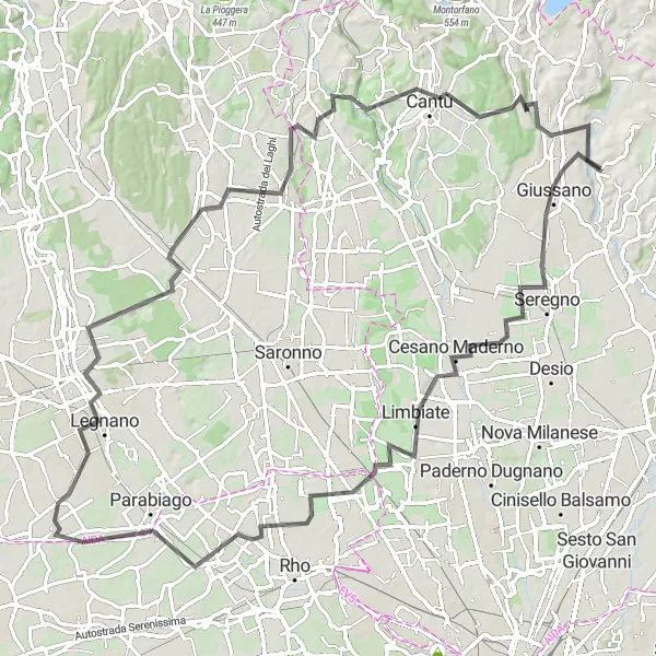 Miniature de la carte de l'inspiration cycliste "Itinéraire panoramique de 104 km au départ de Briosco" dans la Lombardia, Italy. Générée par le planificateur d'itinéraire cycliste Tarmacs.app