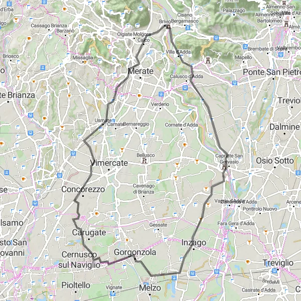 Miniatura della mappa di ispirazione al ciclismo "Giro in bicicletta da Brivio a Merate e ritorno" nella regione di Lombardia, Italy. Generata da Tarmacs.app, pianificatore di rotte ciclistiche