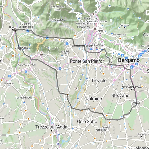Map miniature of "Brivio to Bergamo Loop" cycling inspiration in Lombardia, Italy. Generated by Tarmacs.app cycling route planner