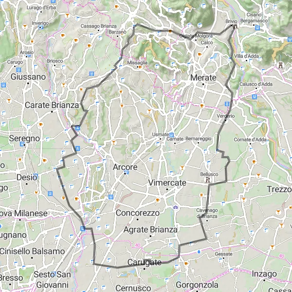 Kartminiatyr av "Brivio til Monza Rundtur" sykkelinspirasjon i Lombardia, Italy. Generert av Tarmacs.app sykkelrutoplanlegger