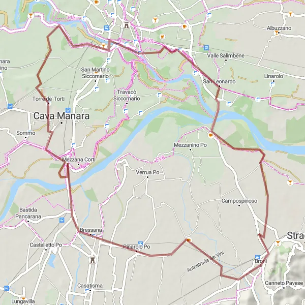 Mapa miniatúra "Gravel Cyklotúra cez Paviu a Monte Oriolo" cyklistická inšpirácia v Lombardia, Italy. Vygenerované cyklistickým plánovačom trás Tarmacs.app