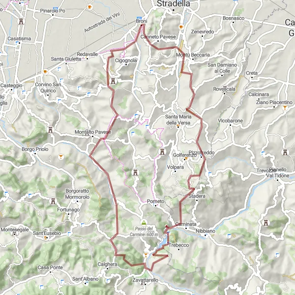 Miniatura della mappa di ispirazione al ciclismo "Esplorazione delle Colline Pavese" nella regione di Lombardia, Italy. Generata da Tarmacs.app, pianificatore di rotte ciclistiche