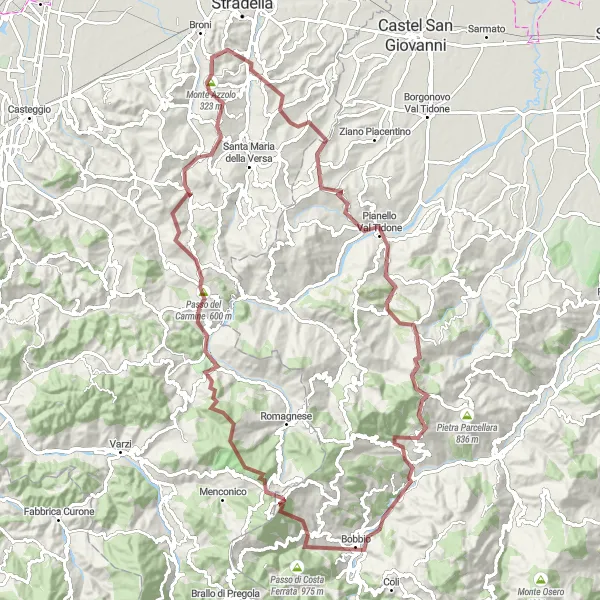 Zemljevid v pomanjšavi "Iz Bronija v dolino reke Tidone" kolesarske inspiracije v Lombardia, Italy. Generirano z načrtovalcem kolesarskih poti Tarmacs.app