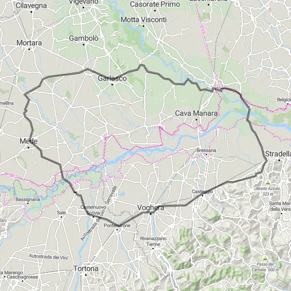 Miniature de la carte de l'inspiration cycliste "Balade panoramique vers Campospinoso" dans la Lombardia, Italy. Générée par le planificateur d'itinéraire cycliste Tarmacs.app