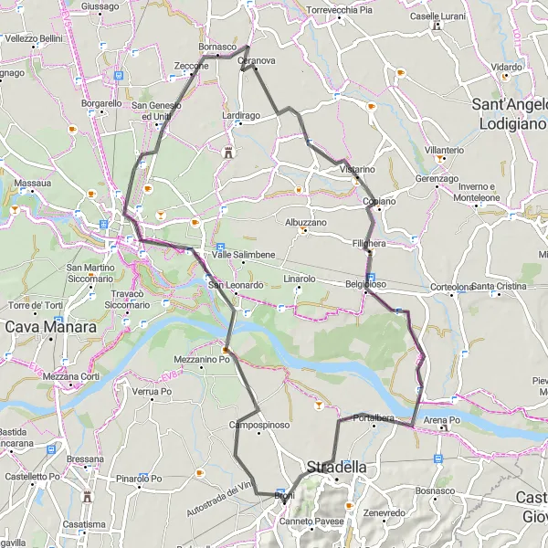 Zemljevid v pomanjšavi "Kolesarska pot okoli Bronija" kolesarske inspiracije v Lombardia, Italy. Generirano z načrtovalcem kolesarskih poti Tarmacs.app