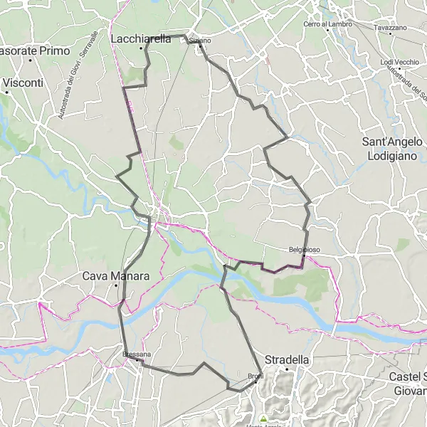 Miniatua del mapa de inspiración ciclista "Ruta en carretera cerca de Pavia" en Lombardia, Italy. Generado por Tarmacs.app planificador de rutas ciclistas