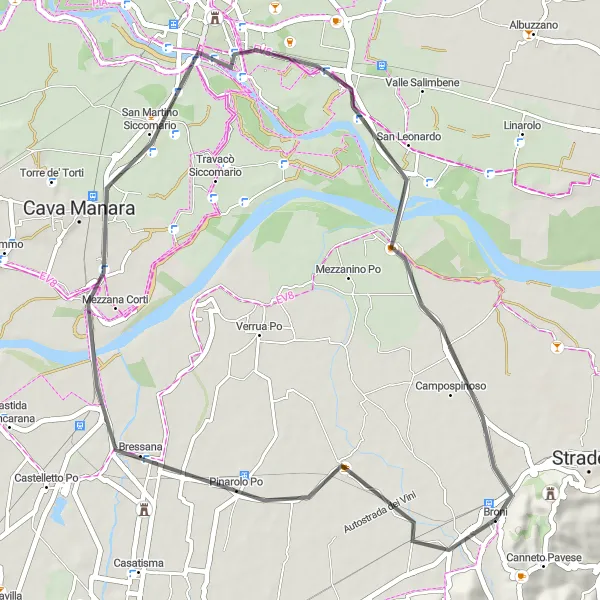 Miniatua del mapa de inspiración ciclista "Ruta escénica en bicicleta de carretera desde Broni" en Lombardia, Italy. Generado por Tarmacs.app planificador de rutas ciclistas