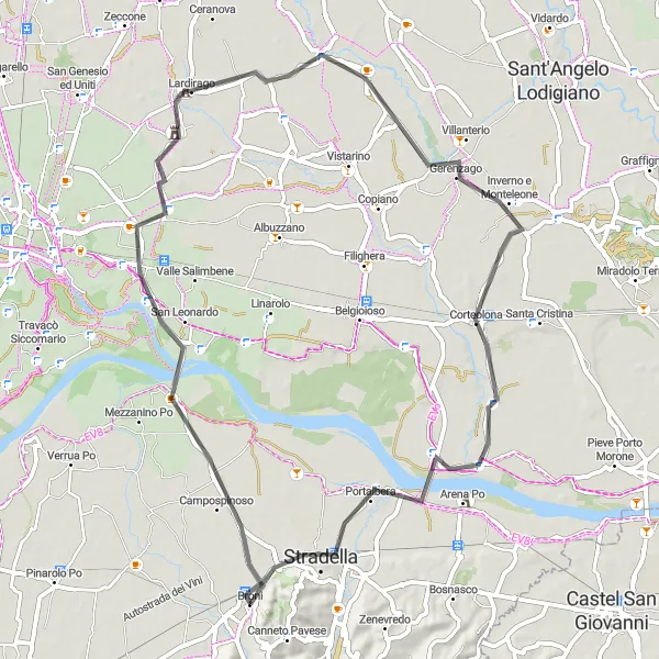 Miniature de la carte de l'inspiration cycliste "Le Tour des Collines de Broni" dans la Lombardia, Italy. Générée par le planificateur d'itinéraire cycliste Tarmacs.app