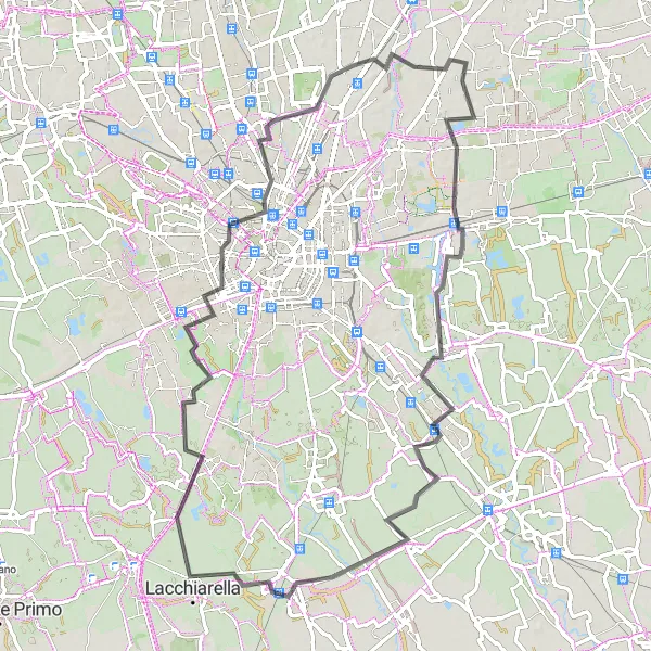 Map miniature of "Round-Trip through Segrate, San Giuliano Milanese, Carpiano, Assago, and Branca Tower" cycling inspiration in Lombardia, Italy. Generated by Tarmacs.app cycling route planner