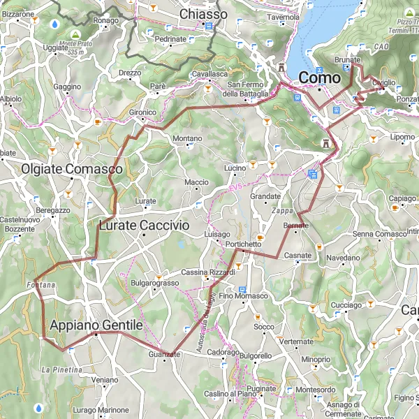 Miniatuurkaart van de fietsinspiratie "Grindroute van Brunate naar Monte Cucco en terug" in Lombardia, Italy. Gemaakt door de Tarmacs.app fietsrouteplanner