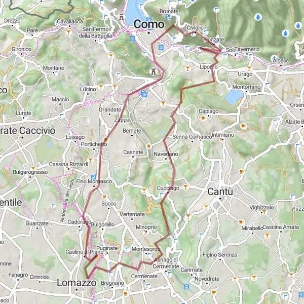 Kartminiatyr av "Utforsk Como-regionen på grusvei" sykkelinspirasjon i Lombardia, Italy. Generert av Tarmacs.app sykkelrutoplanlegger